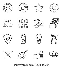 Thin line icon set : dollar, circle diagram, star, gear, bio, chip, journey, brick, protected, do not distrub, bulb, Chair for babies, iron board, pan, hand drop, home call cleaning