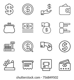 Thin line icon set : dollar, investment, wallet, purse, money, gift, diagram, cashbox, arrow, hand coin, atm receipt, credit card