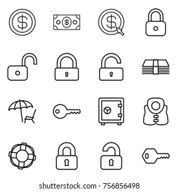 Thin line icon set : dollar, money, arrow, lock, unlock, lounger, key, safe, life vest, lifebuoy, locked, unlocked