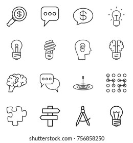 Thin line icon set : dollar magnifier, message, money, bulb, head, brain, discussion, target, chip, puzzle, singlepost, draw compass