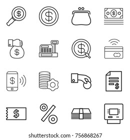 Thin line icon set : dollar magnifier, purse, money, gift, cashbox, arrow, tap to pay, phone, virtual mining, hand coin, account balance, receipt, percent, atm