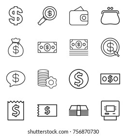 Thin line icon set : dollar, magnifier, wallet, purse, money bag, arrow, message, virtual mining, coin, receipt, atm