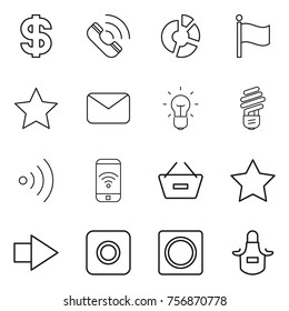 Thin line icon set : dollar, call, circle diagram, flag, star, mail, bulb, wireless, phone, remove from basket, right arrow, ring button, apron
