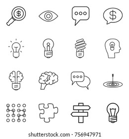Thin line icon set : dollar magnifier, eye, message, money, bulb, head, brain, discussion, target, chip, puzzle, singlepost