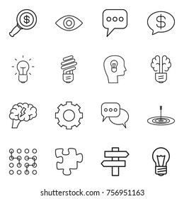 Thin line icon set : dollar magnifier, eye, message, money, bulb, head, brain, gear, discussion, target, chip, puzzle, singlepost