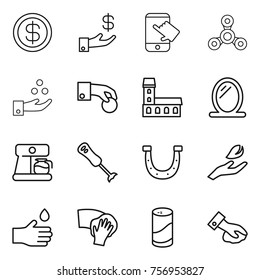 Thin line icon set : dollar, investment, touch, spinner, chemical industry, hand coin, mansion, mirror, coffee maker, blender, horseshoe, leaf, drop, wiping, cleanser powder