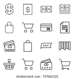 Thin line icon set : dollar, receipt, money, shopping bag, cart, credit card, account balance, sale, bar code, basket