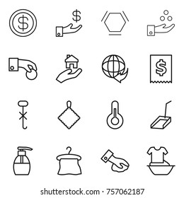 Thin line icon set : dollar, investment, hex molecule, chemical industry, hand coin, real estate, delivery, tax, do not hook sign, rag, thermometer, scoop, liquid soap, hanger, wiping