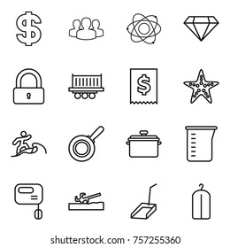 Thin Line Icon Set : Dollar, Group, Atom, Diamond, Lock, Truck Shipping, Tax, Starfish, Surfer, Pan, Measuring Cup, Mixer, Soil Cutter, Scoop, Dry Wash