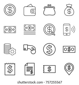 Thin line icon set : dollar, wallet, purse, money bag, arrow, phone pay, virtual mining, hand coin, receipt, account balance, pin