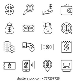 Thin line icon set : dollar, magnifier, investment, wallet, money bag, gift, arrow, virtual mining, hand coin, receipt, mobile pay, pin, atm