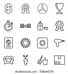 Thin line icon set : dollar, medal, diagram, wineglass, stopwatch, school, port, passport, sun, ring button, hair dryer, pretzel, carrot, bucket and broom, package