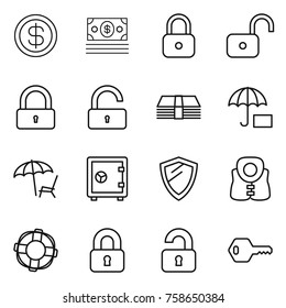 Thin line icon set : dollar, money, lock, unlock, insurance, lounger, safe, shield, life vest, lifebuoy, locked, unlocked, key