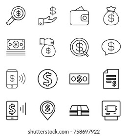 Thin line icon set : dollar magnifier, investment, wallet, money bag, gift, arrow, message, phone pay, coin, account balance, mobile, pin, atm