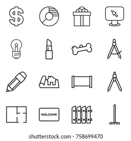 Thin line icon set : dollar, circle diagram, gift, monitor arrow, bulb, lipstick, bone, draw compass, pencil, project, fence, drawing compasses, plan, welcome mat, rake