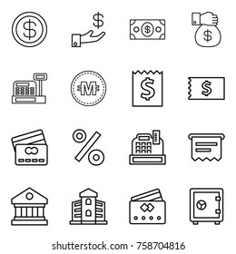 Thin line icon set : dollar, investment, money, gift, cashbox, crypto currency, receipt, credit card, percent, atm, library, building, safe