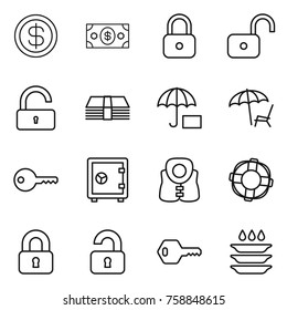 Thin line icon set : dollar, money, lock, unlock, insurance, lounger, key, safe, life vest, lifebuoy, locked, unlocked, plate washing