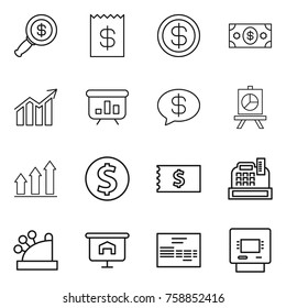 Thin line icon set : dollar magnifier, receipt, money, diagram, presentation, message, graph up, coin, cashbox, invoice, atm