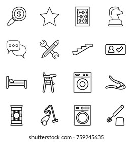 Thin line icon set : dollar magnifier, star, abacus, chess horse, discussion, pencil wrench, stairs, check in, bed, Chair for babies, washing machine, walnut crack, pasta, vacuum cleaner