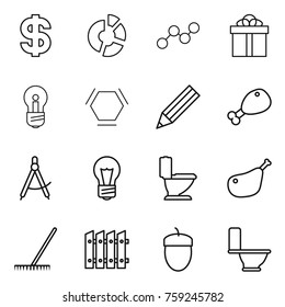 Thin line icon set : dollar, circle diagram, graph, gift, bulb, hex molecule, pencil, chicken leg, draw compass, toilet, rake, fence, acorn