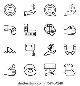 Thin line icon set : dollar, investment, arrow, chemical industry, hand coin, mansion, delivery, acid, shark flipper, mixer, harvest, horseshoe, drop, soap, dryer, handle washing