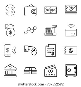 Thin line icon set : dollar, wallet, money, gift, graph, cashbox, tap to pay, phone, hand coin, account balance, receipt, library, credit card, safe
