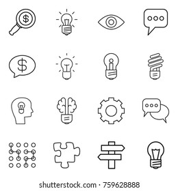 Thin line icon set : dollar magnifier, bulb, eye, message, money, head, brain, gear, discussion, chip, puzzle, singlepost