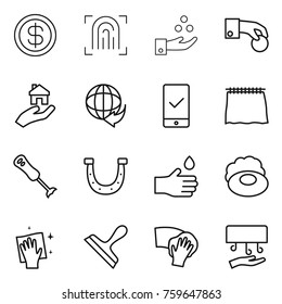 Thin line icon set : dollar, fingerprint, chemical industry, hand coin, real estate, delivery, mobile checking, curtain, blender, horseshoe, drop, soap, wiping, scraper, dryer