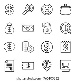 Thin line icon set : dollar, magnifier, purse, money bag, gift, arrow, message, virtual mining, coin, receipt, account balance, pin, atm