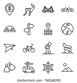 Thin line icon set : dollar pin, greate wall, bridge, drawbridge, dome house, signpost, map, earth, deltaplane, bike, tourist, aquapark, flippers, transfer, handwheel, landscape