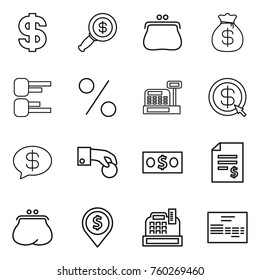 Thin line icon set : dollar, magnifier, purse, money bag, diagram, percent, cashbox, arrow, message, hand coin, account balance, pin, invoice