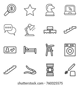 Thin line icon set : dollar magnifier, star, chess horse, notebook, discussion, table lamp, block wall, stairs, check in, bed, Chair for babies, washing machine, walnut crack, pasta, toilet brush