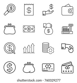 Thin line icon set : dollar magnifier, receipt, investment, wallet, purse, money, gift, cashbox, arrow, graph up, virtual mining, hand coin, credit card