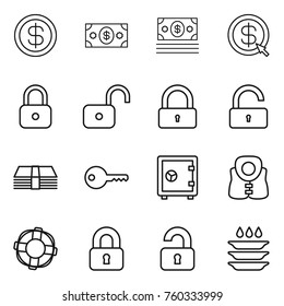 Thin line icon set : dollar, money, arrow, lock, unlock, key, safe, life vest, lifebuoy, locked, unlocked, plate washing