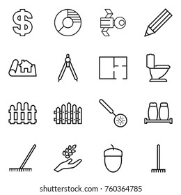Thin line icon set : dollar, circle diagram, satellite, pencil, project, drawing compasses, plan, toilet, fence, skimmer, salt pepper, rake, harvest, acorn
