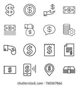 Thin line icon set : dollar, investment, money, gift, message, virtual mining, hand coin, receipt, account balance, mobile pay, pin