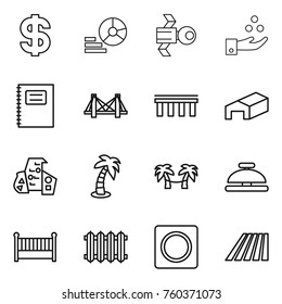 Thin line icon set : dollar, diagram, satellite, chemical industry, copybook, bridge, warehouse, modern architecture, palm, hammock, service bell, crib, radiator, ring button, field