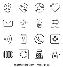 Thin line icon set : dollar, call, circle diagram, heart, mail, bulb, globe connect, wireless, phone, ring button, radiator, grater, apron