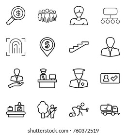 Thin line icon set : dollar magnifier, team, woman, structure, fingerprint, pin, stairs, client, customs control, security man, check in, baggage checking, garden cleaning, vacuum cleaner, home call