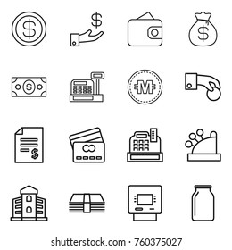 Thin line icon set : dollar, investment, wallet, money bag, cashbox, crypto currency, hand coin, account balance, credit card, building, atm, bank