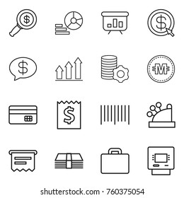 Thin line icon set : dollar magnifier, diagram, presentation, arrow, money message, graph up, virtual mining, crypto currency, credit card, receipt, bar code, cashbox, atm, suitcase