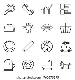 Thin line icon set : dollar magnifier, phone, diagram, shopping bag, chip, ufo, basket, necklace, ruler, earth, transfer, cook glove, pretzel, bath, kitchen cleaning