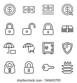 Thin line icon set : dollar, money, arrow, lock, unlock, insurance, lounger, safe, shield, life vest, locked, key, plate washing