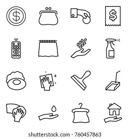 Thin line icon set : dollar, purse, hand coin, tax, remote control, curtain, harvest, sprayer, soap, wiping, scraper, scoop, and drop, hanger, housing