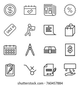 Thin line icon set : dollar, calendar, newspaper, percent, sale, courier, shopping list, bag, drawing compasses, money, tax, clipboard pen, do not trolley sign, inventory, hand dryer