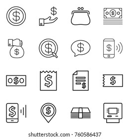 Thin line icon set : dollar, investment, purse, money, gift, arrow, message, phone pay, receipt, account balance, mobile, pin, atm