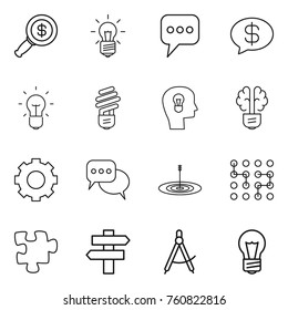 Thin line icon set : dollar magnifier, bulb, message, money, head, brain, gear, discussion, target, chip, puzzle, singlepost, draw compass