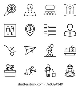 Thin line icon set : dollar magnifier, woman, structure, fingerprint, wc, pin, list, client, do not trolley sign, deltaplane, tourist, baggage checking, inspector, vacuum cleaner, garbage bin
