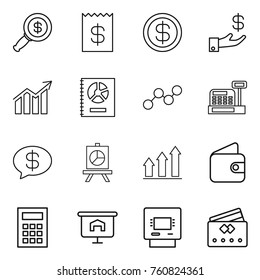 Thin line icon set : dollar magnifier, receipt, investment, diagram, annual report, graph, cashbox, money message, presentation, up, wallet, calculator, atm, credit card