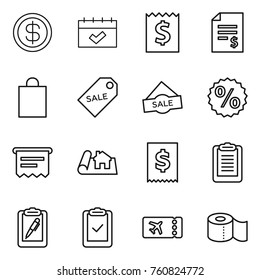 Thin line icon set : dollar, calendar, receipt, account balance, shopping bag, sale label, percent, atm, project, tax, clipboard, pen, check, ticket, toilet paper